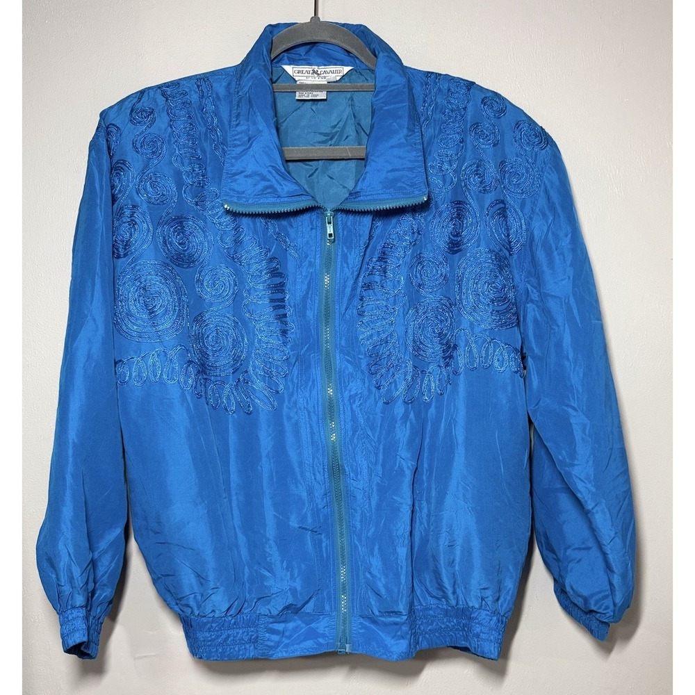 Vintage Great Cavalier 100% Silk Jacket Women's Size Small Embroidered Blue Zip